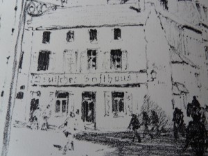 Tijdens de Duitse bezetting van de Ardennen werd het hotel in Vouziers omgedoopt in Deutsches Gasthaus. Litho Richard Birnstengel