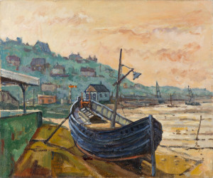 Piet Mulder, Blue boat at Dovercourt Bay Side. Oil on canvas.