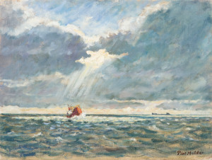 Piet Mulder, Vissersboot op zee, olieverf, z.j. 