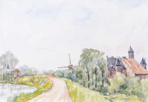 Piet Mulder, Waaldijk bij Kasteel Waardenburg, aquarel, 1995. 